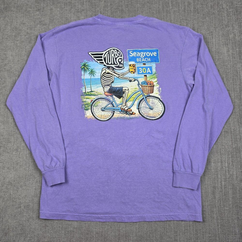 Seagrove Beach 30A Skeleton Bicycle Long Sleeve Shirt Purple Graphic Mens L Y2K